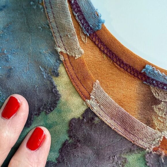 Karen Kane Tie Dye Leaf Print Burnout‎ Shirttail Blouse Top Blue Brown Medium - Picture 5 of 14